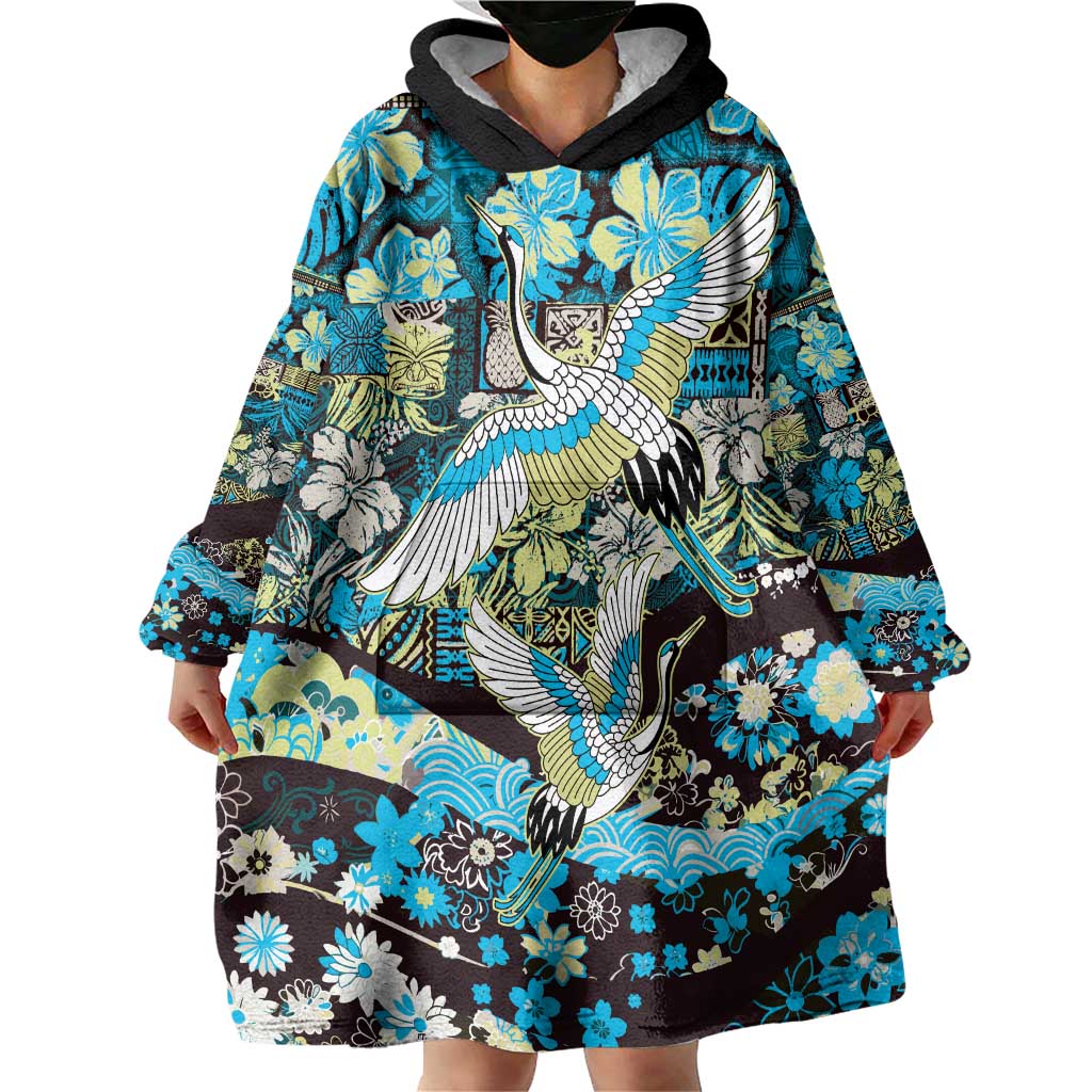 Japanese Hawaiian Crane Wearable Blanket Hoodie Blue Tapa Patchwork Pattern LT9 - Polynesian Pride