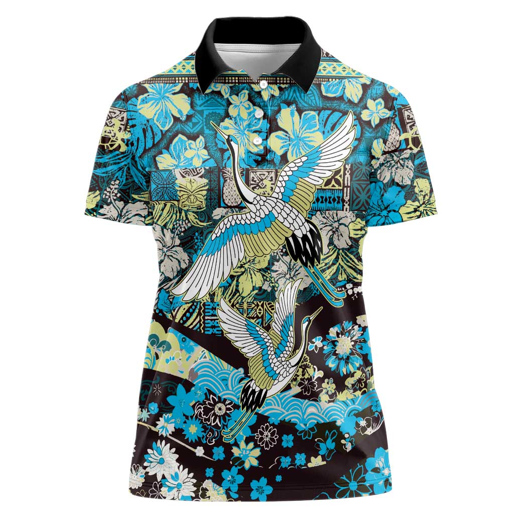 Japanese Hawaiian Crane Women Polo Shirt Blue Tapa Patchwork Pattern