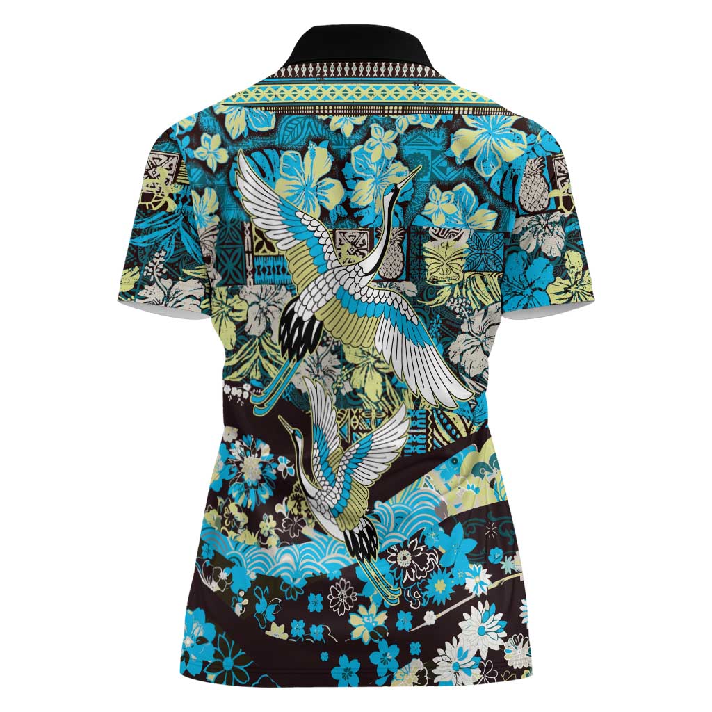 Japanese Hawaiian Crane Women Polo Shirt Blue Tapa Patchwork Pattern LT9 - Polynesian Pride