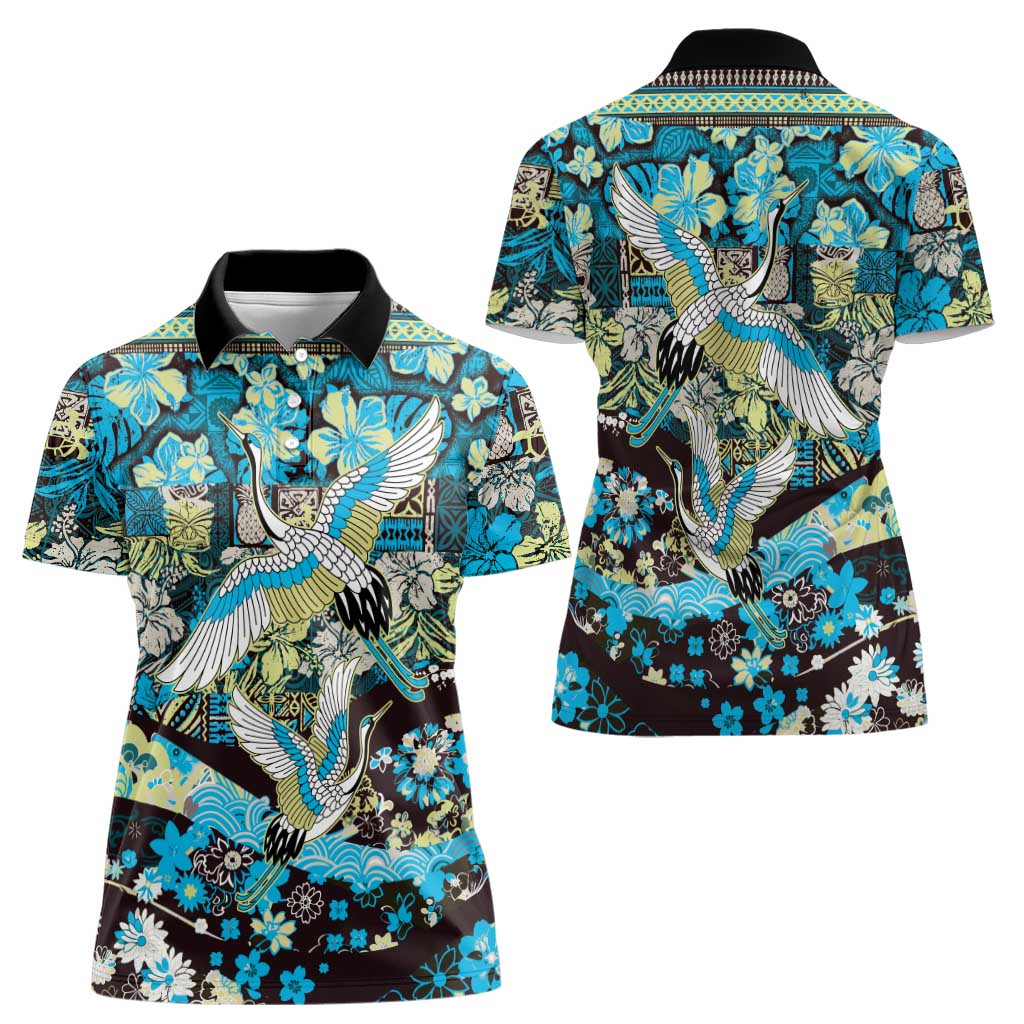 Japanese Hawaiian Crane Women Polo Shirt Blue Tapa Patchwork Pattern LT9 - Polynesian Pride