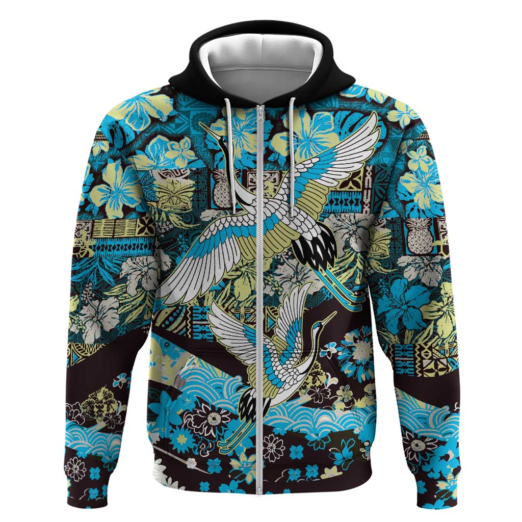 Japanese Hawaiian Crane Zip Hoodie Blue Tapa Patchwork Pattern LT9 Zip Hoodie Blue - Polynesian Pride