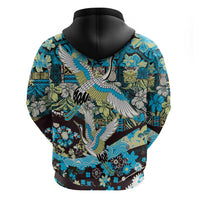 Japanese Hawaiian Crane Zip Hoodie Blue Tapa Patchwork Pattern LT9 - Polynesian Pride