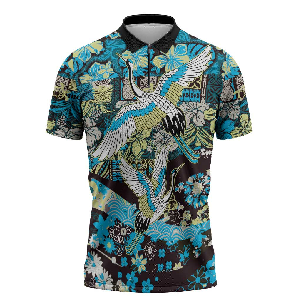 Japanese Hawaiian Crane Zipper Polo Shirt Blue Tapa Patchwork Pattern