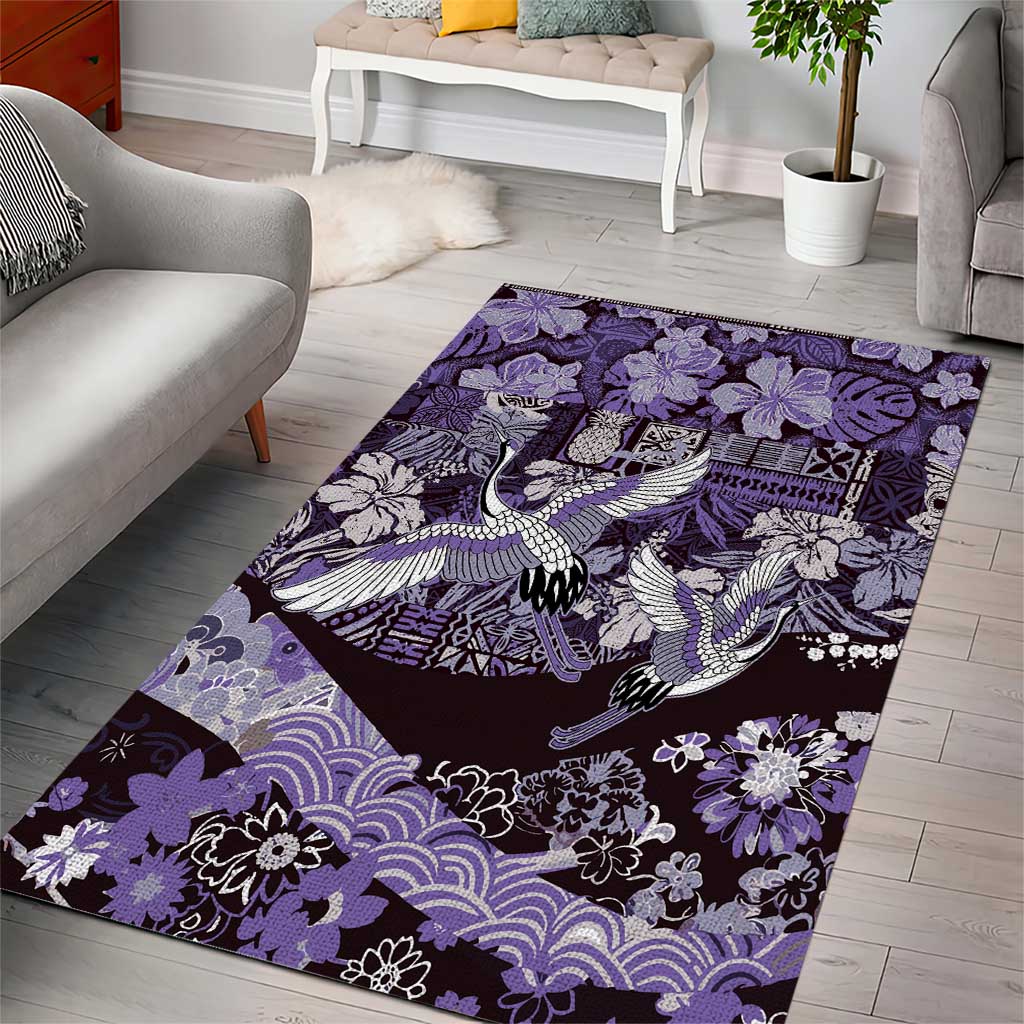 Japanese Hawaiian Crane Area Rug Purple Tapa Patchwork Pattern LT9 - Polynesian Pride
