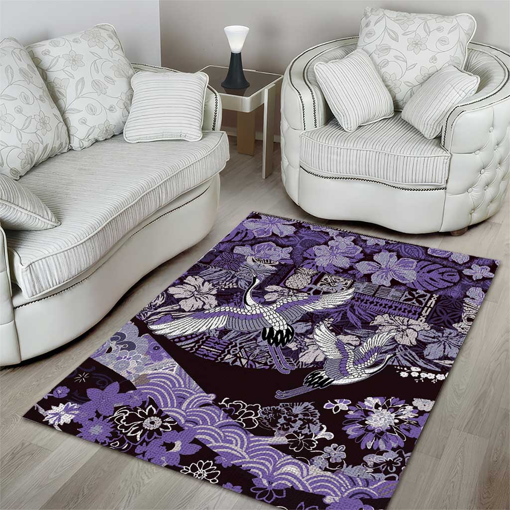 Japanese Hawaiian Crane Area Rug Purple Tapa Patchwork Pattern LT9 - Polynesian Pride
