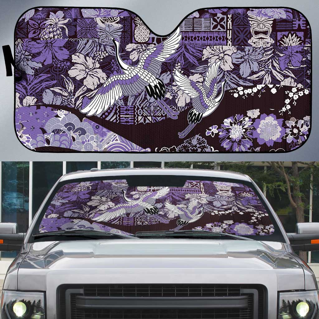 Japanese Hawaiian Crane Auto Sun Shade Purple Tapa Patchwork Pattern