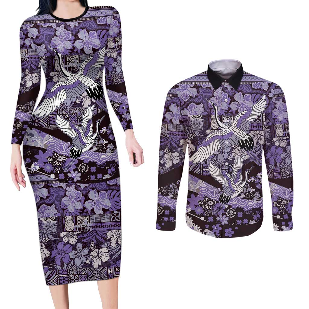 Japanese Hawaiian Crane Couples Matching Long Sleeve Bodycon Dress and Long Sleeve Button Shirt Purple Tapa Patchwork Pattern LT9 Purple - Polynesian Pride