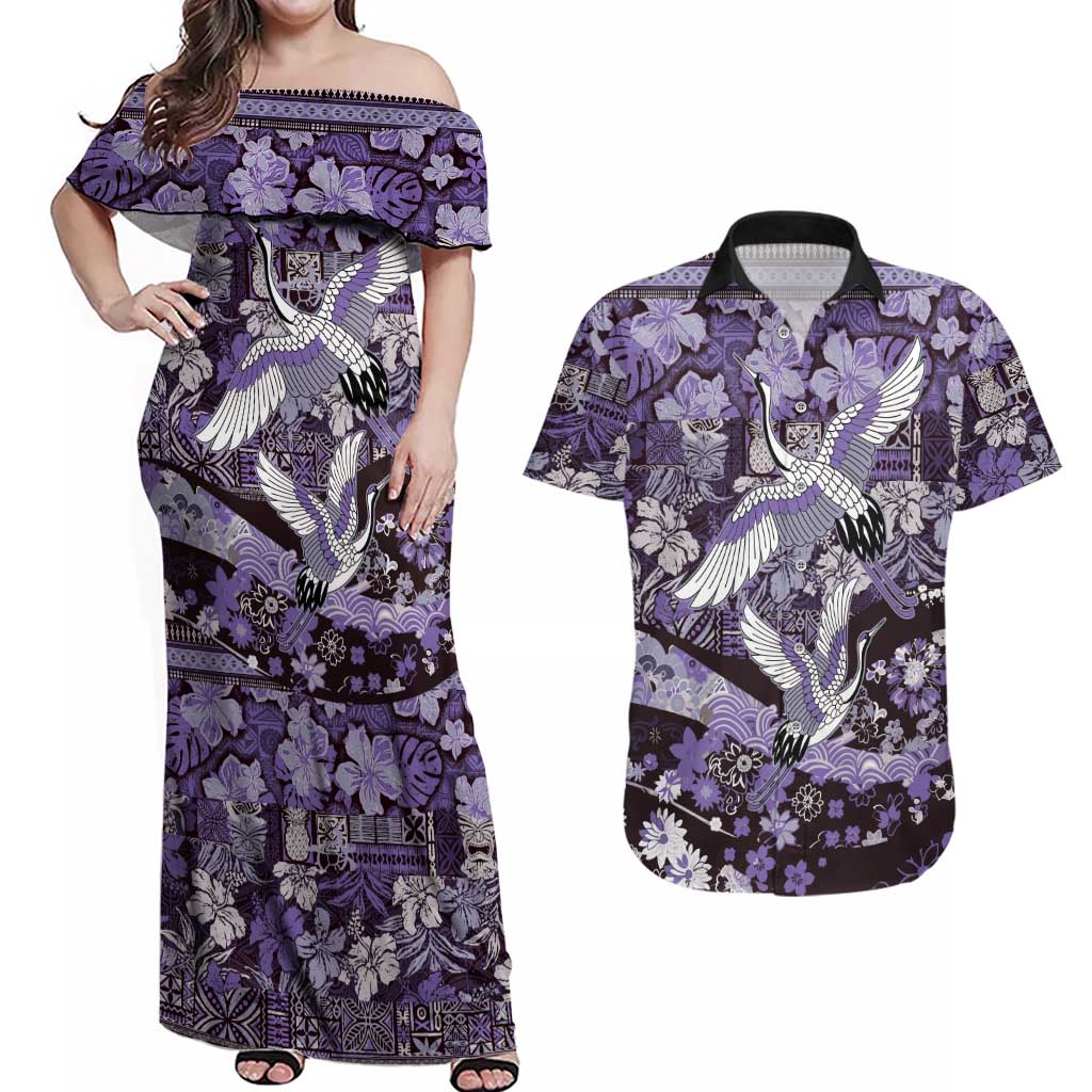 Japanese Hawaiian Crane Couples Matching Off Shoulder Maxi Dress and Hawaiian Shirt Purple Tapa Patchwork Pattern LT9 Purple - Polynesian Pride