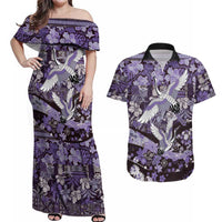 Japanese Hawaiian Crane Couples Matching Off Shoulder Maxi Dress and Hawaiian Shirt Purple Tapa Patchwork Pattern LT9 Purple - Polynesian Pride