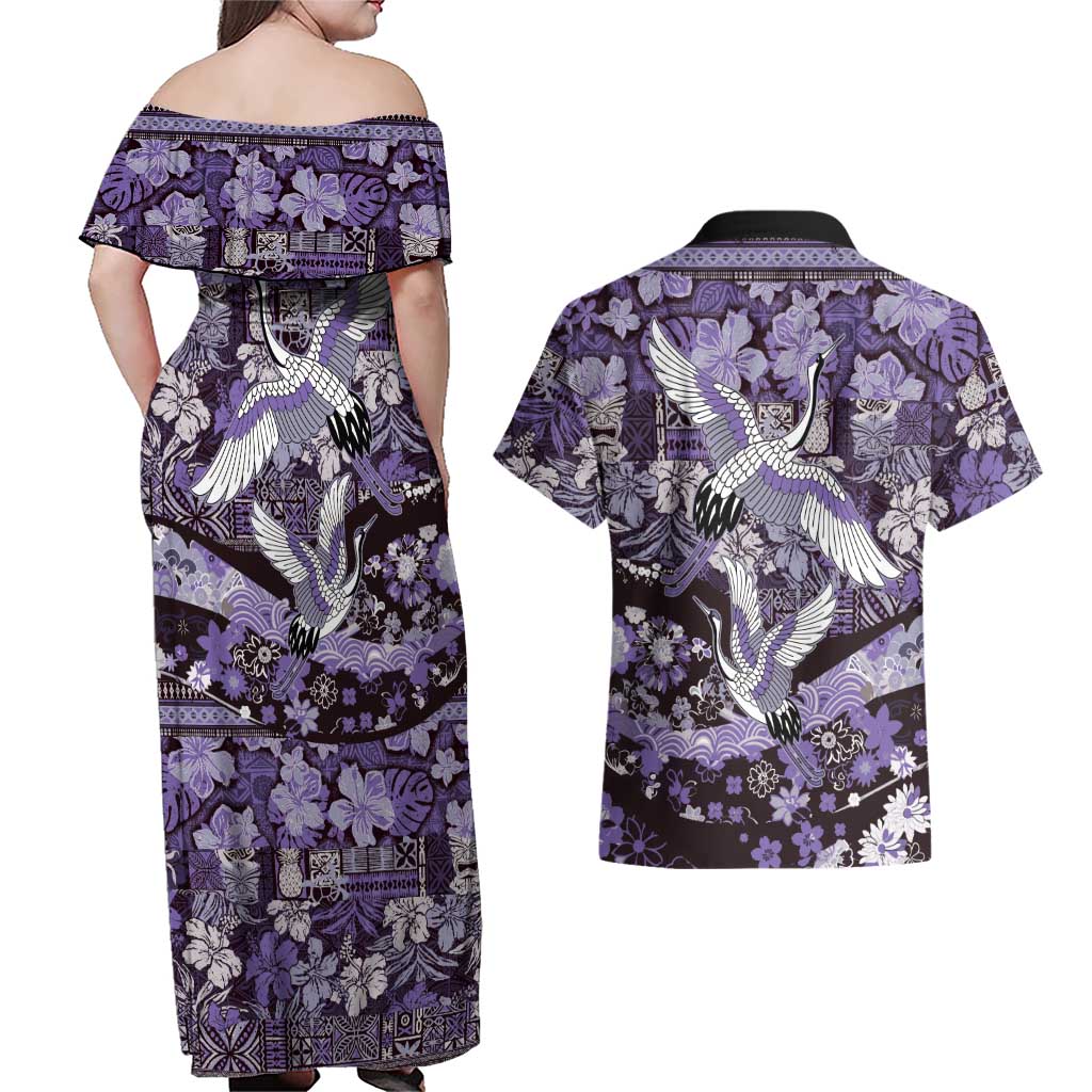 Japanese Hawaiian Crane Couples Matching Off Shoulder Maxi Dress and Hawaiian Shirt Purple Tapa Patchwork Pattern LT9 - Polynesian Pride