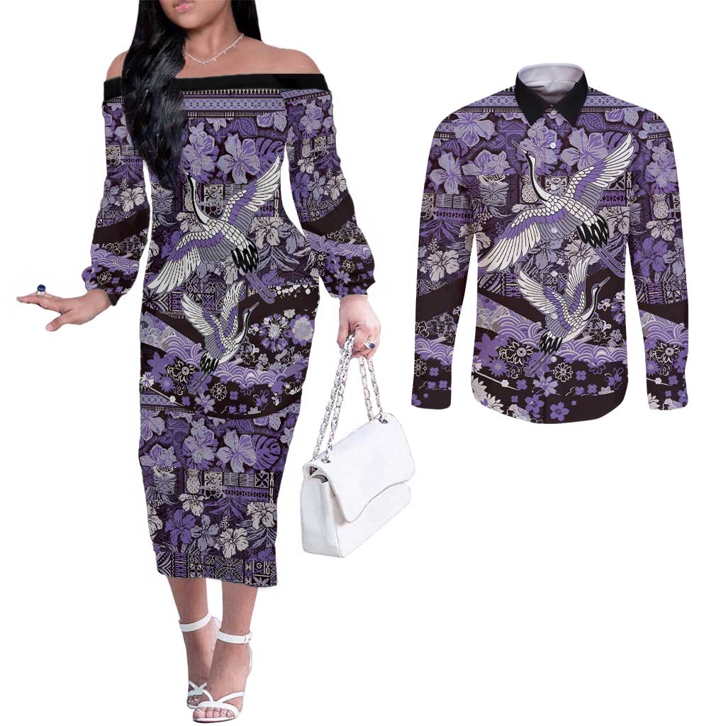 Japanese Hawaiian Crane Couples Matching Off The Shoulder Long Sleeve Dress and Long Sleeve Button Shirt Purple Tapa Patchwork Pattern LT9 Purple - Polynesian Pride