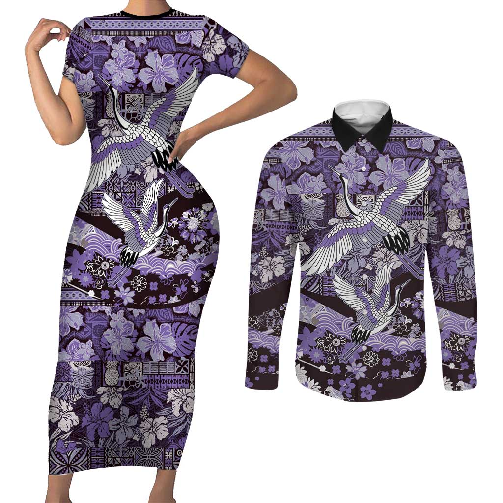 Japanese Hawaiian Crane Couples Matching Short Sleeve Bodycon Dress and Long Sleeve Button Shirt Purple Tapa Patchwork Pattern LT9 Purple - Polynesian Pride