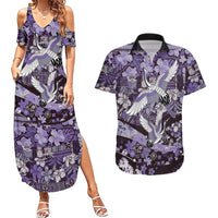 Japanese Hawaiian Crane Couples Matching Summer Maxi Dress and Hawaiian Shirt Purple Tapa Patchwork Pattern