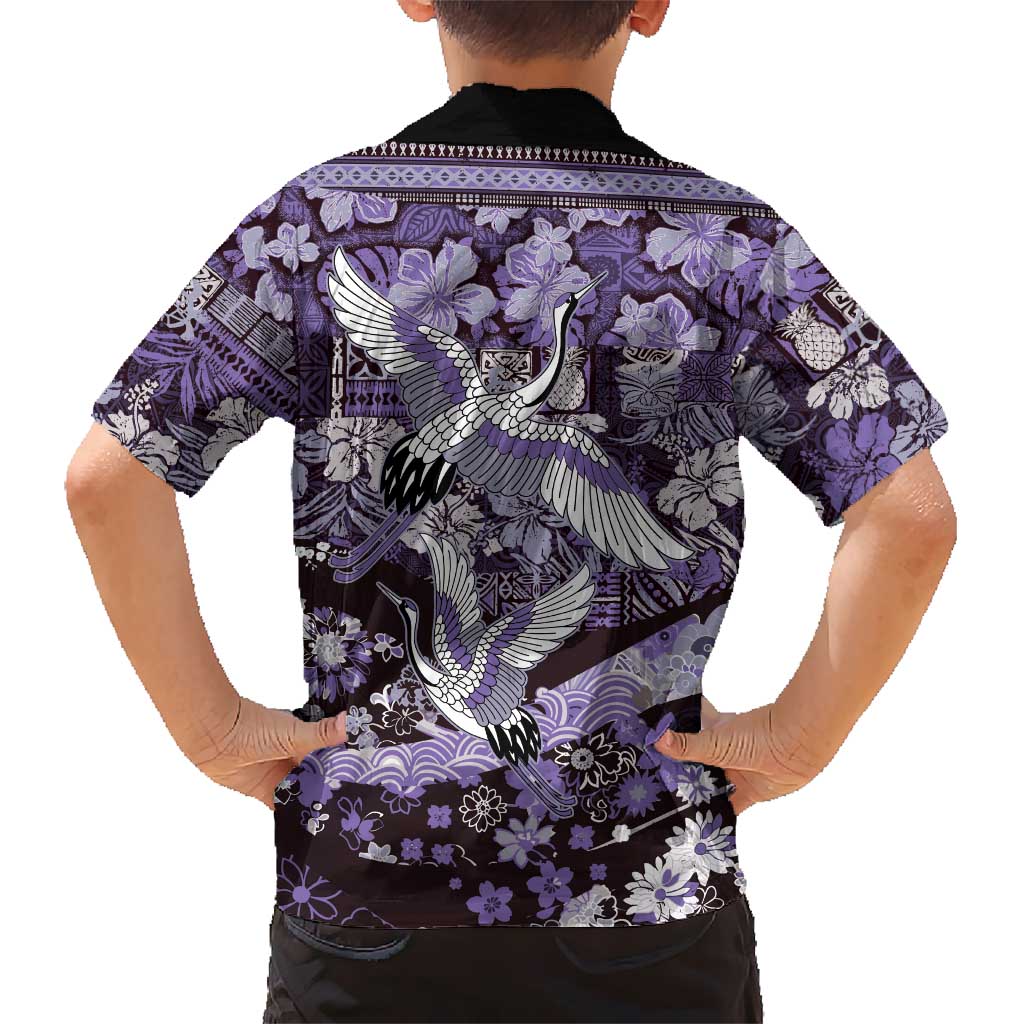Japanese Hawaiian Crane Family Matching Long Sleeve Bodycon Dress and Hawaiian Shirt Purple Tapa Patchwork Pattern