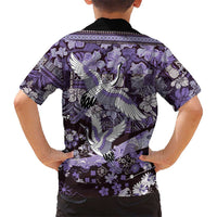 Japanese Hawaiian Crane Family Matching Long Sleeve Bodycon Dress and Hawaiian Shirt Purple Tapa Patchwork Pattern