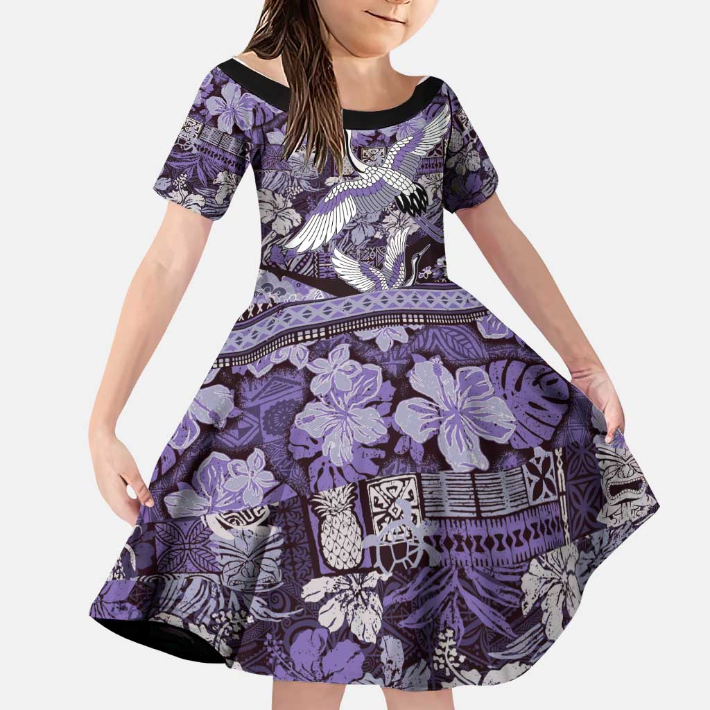 Japanese Hawaiian Crane Family Matching Long Sleeve Bodycon Dress and Hawaiian Shirt Purple Tapa Patchwork Pattern