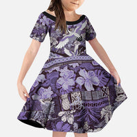 Japanese Hawaiian Crane Family Matching Long Sleeve Bodycon Dress and Hawaiian Shirt Purple Tapa Patchwork Pattern