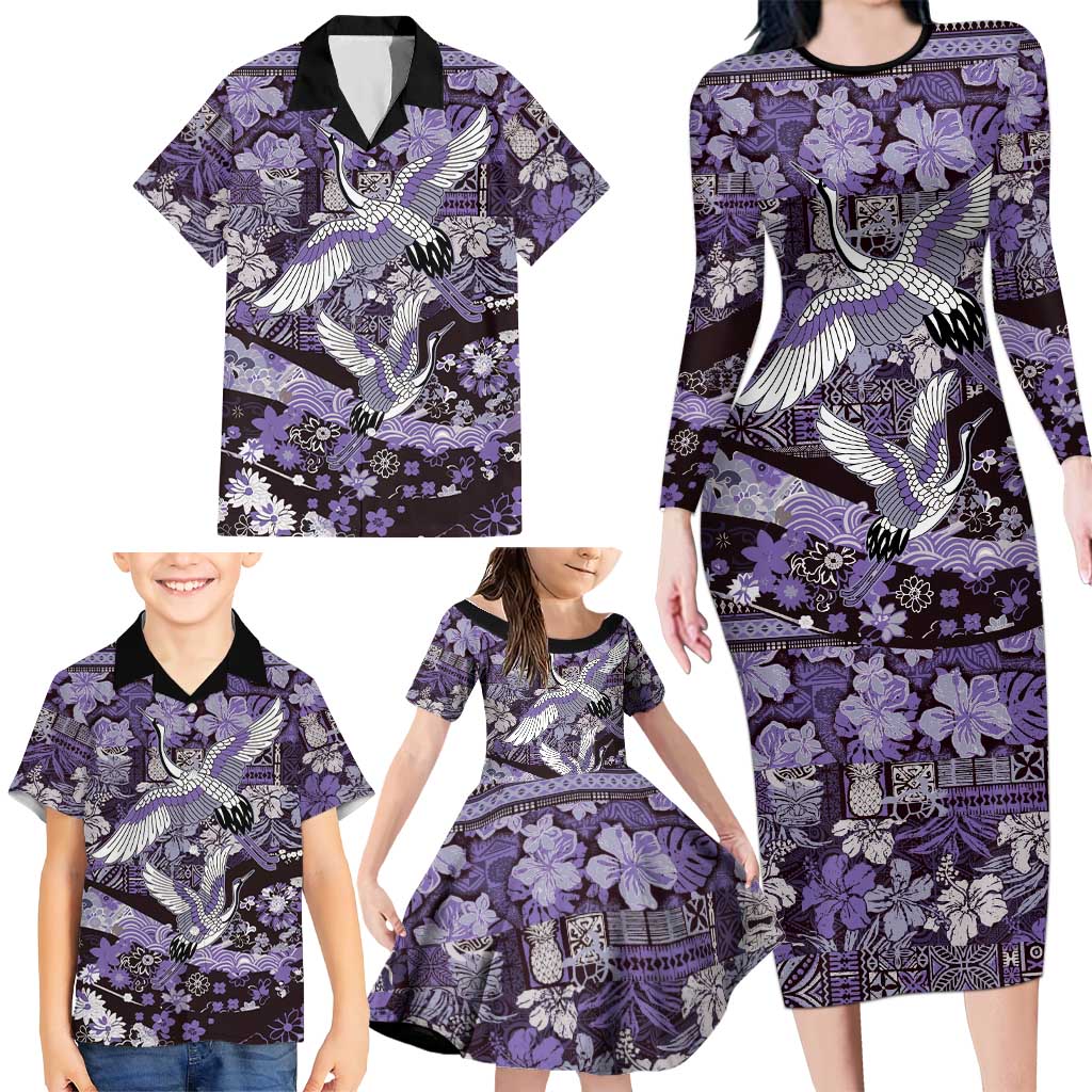 Japanese Hawaiian Crane Family Matching Long Sleeve Bodycon Dress and Hawaiian Shirt Purple Tapa Patchwork Pattern