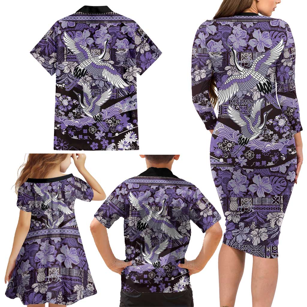 Japanese Hawaiian Crane Family Matching Long Sleeve Bodycon Dress and Hawaiian Shirt Purple Tapa Patchwork Pattern