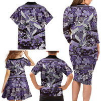 Japanese Hawaiian Crane Family Matching Long Sleeve Bodycon Dress and Hawaiian Shirt Purple Tapa Patchwork Pattern