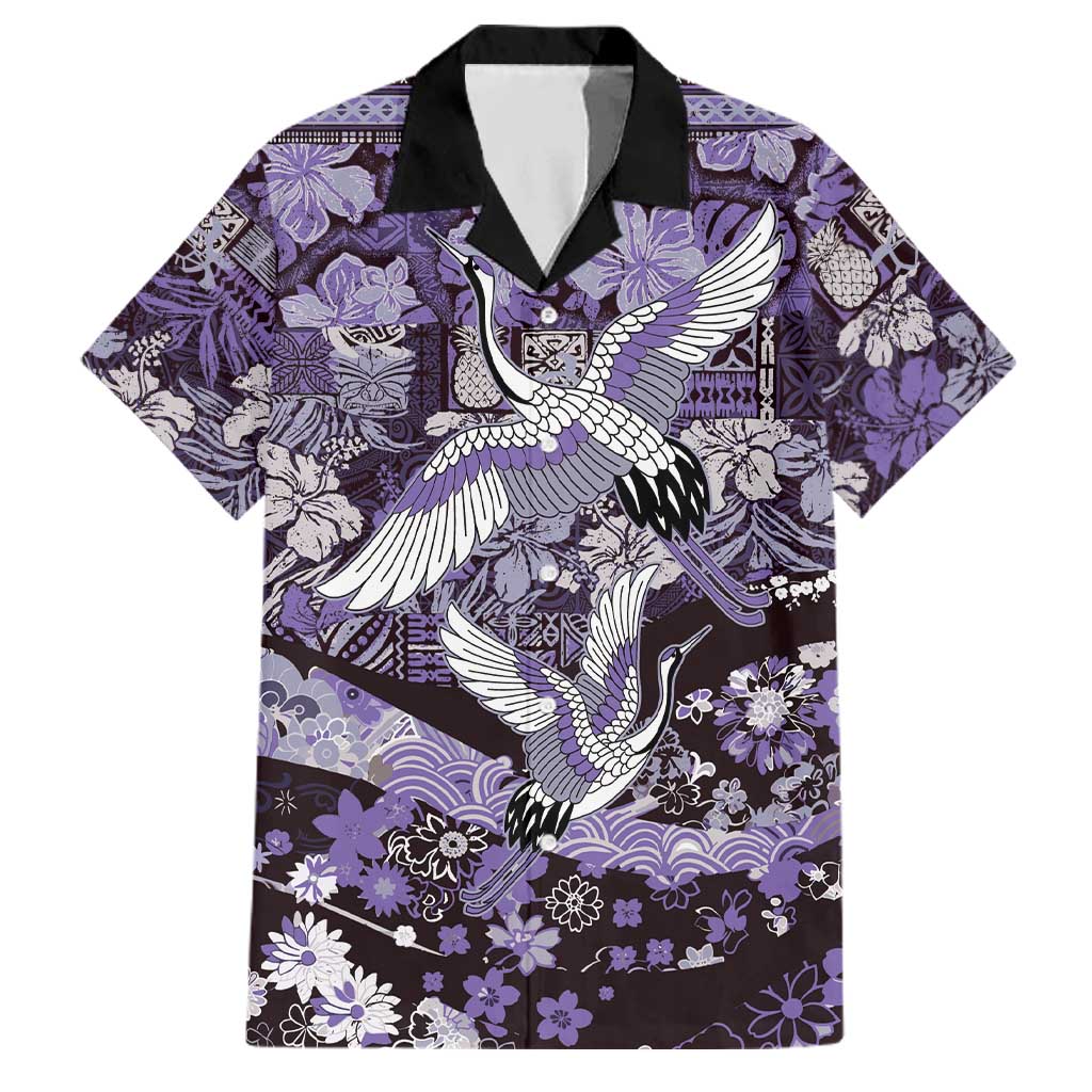 Japanese Hawaiian Crane Family Matching Long Sleeve Bodycon Dress and Hawaiian Shirt Purple Tapa Patchwork Pattern