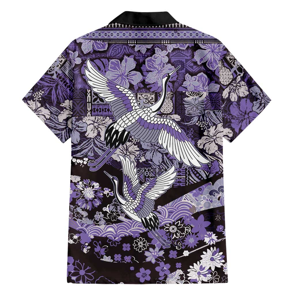 Japanese Hawaiian Crane Family Matching Long Sleeve Bodycon Dress and Hawaiian Shirt Purple Tapa Patchwork Pattern