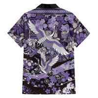 Japanese Hawaiian Crane Family Matching Long Sleeve Bodycon Dress and Hawaiian Shirt Purple Tapa Patchwork Pattern