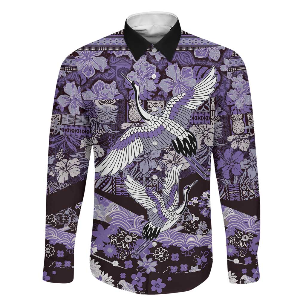 Japanese Hawaiian Crane Family Matching Long Sleeve Bodycon Dress and Hawaiian Shirt Purple Tapa Patchwork Pattern
