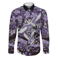 Japanese Hawaiian Crane Family Matching Long Sleeve Bodycon Dress and Hawaiian Shirt Purple Tapa Patchwork Pattern