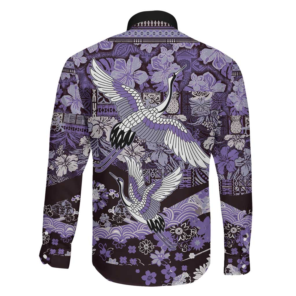Japanese Hawaiian Crane Family Matching Long Sleeve Bodycon Dress and Hawaiian Shirt Purple Tapa Patchwork Pattern