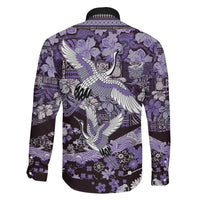Japanese Hawaiian Crane Family Matching Long Sleeve Bodycon Dress and Hawaiian Shirt Purple Tapa Patchwork Pattern
