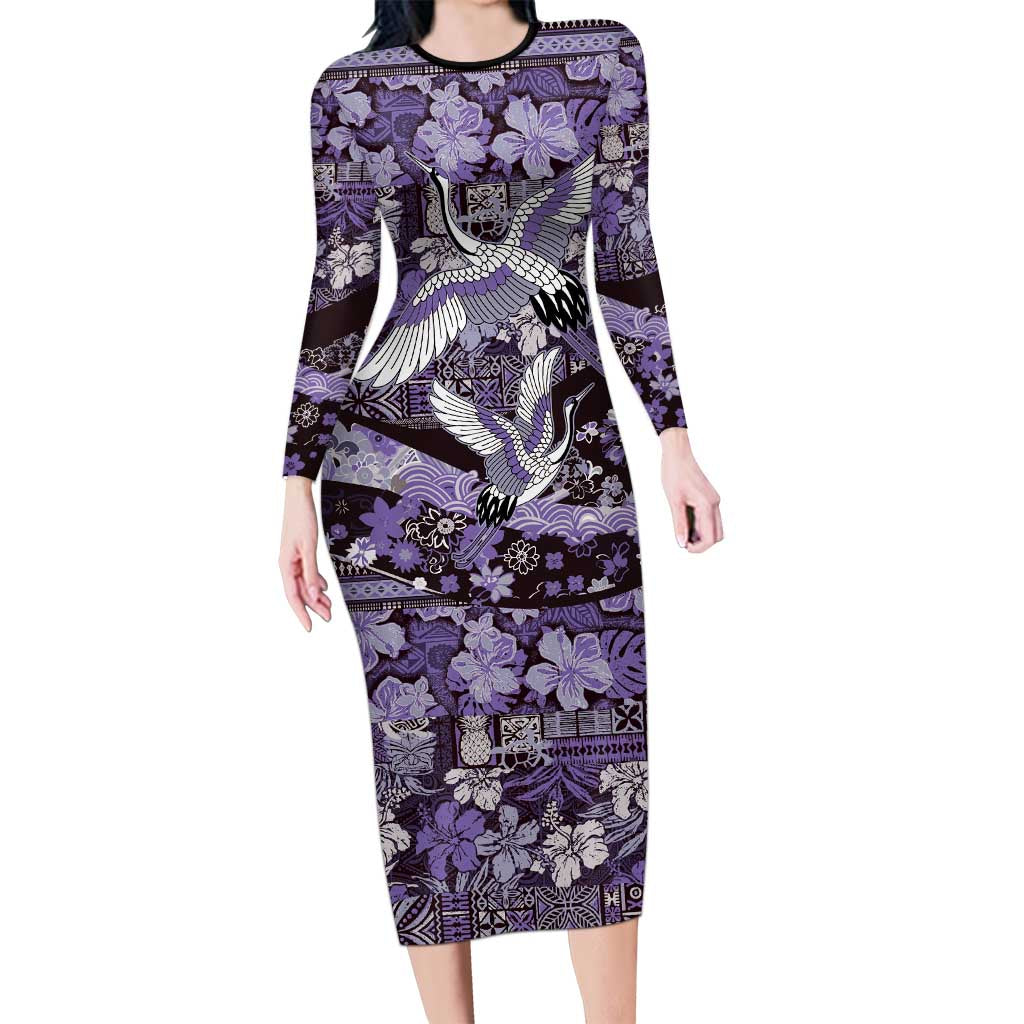 Japanese Hawaiian Crane Family Matching Long Sleeve Bodycon Dress and Hawaiian Shirt Purple Tapa Patchwork Pattern