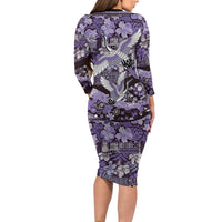 Japanese Hawaiian Crane Family Matching Long Sleeve Bodycon Dress and Hawaiian Shirt Purple Tapa Patchwork Pattern