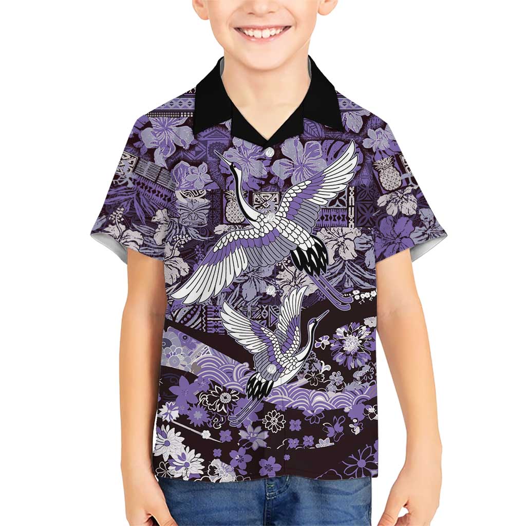 Japanese Hawaiian Crane Family Matching Long Sleeve Bodycon Dress and Hawaiian Shirt Purple Tapa Patchwork Pattern