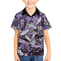 Japanese Hawaiian Crane Family Matching Long Sleeve Bodycon Dress and Hawaiian Shirt Purple Tapa Patchwork Pattern