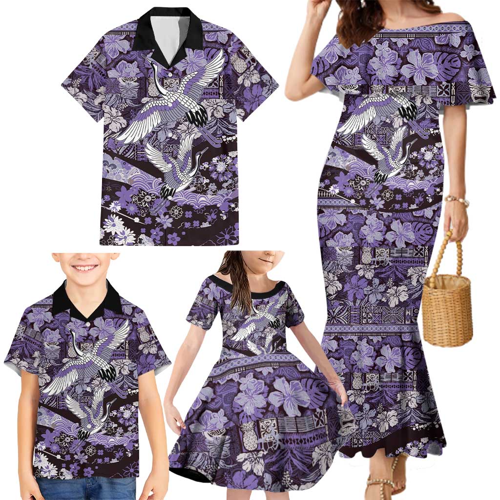 Japanese Hawaiian Crane Family Matching Mermaid Dress and Hawaiian Shirt Purple Tapa Patchwork Pattern LT9 - Polynesian Pride
