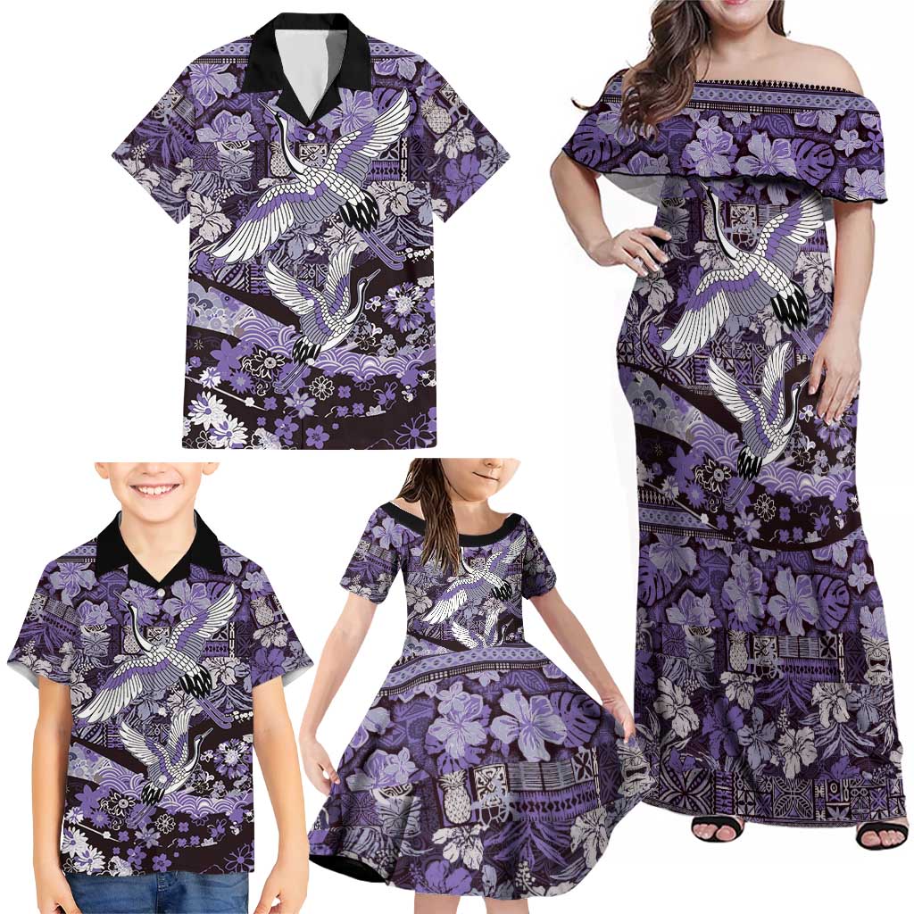 Japanese Hawaiian Crane Family Matching Off Shoulder Maxi Dress and Hawaiian Shirt Purple Tapa Patchwork Pattern LT9 - Polynesian Pride
