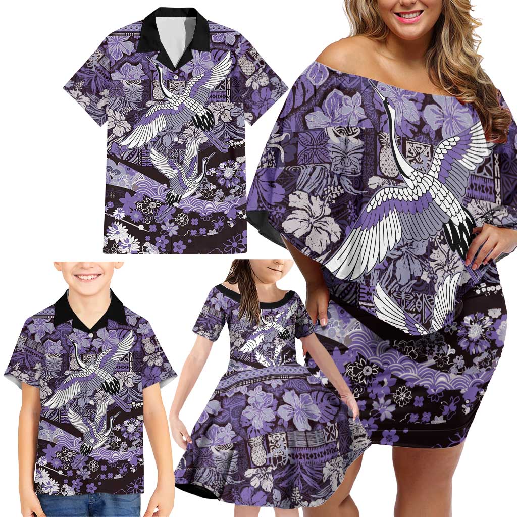 Japanese Hawaiian Crane Family Matching Off Shoulder Short Dress and Hawaiian Shirt Purple Tapa Patchwork Pattern LT9 - Polynesian Pride