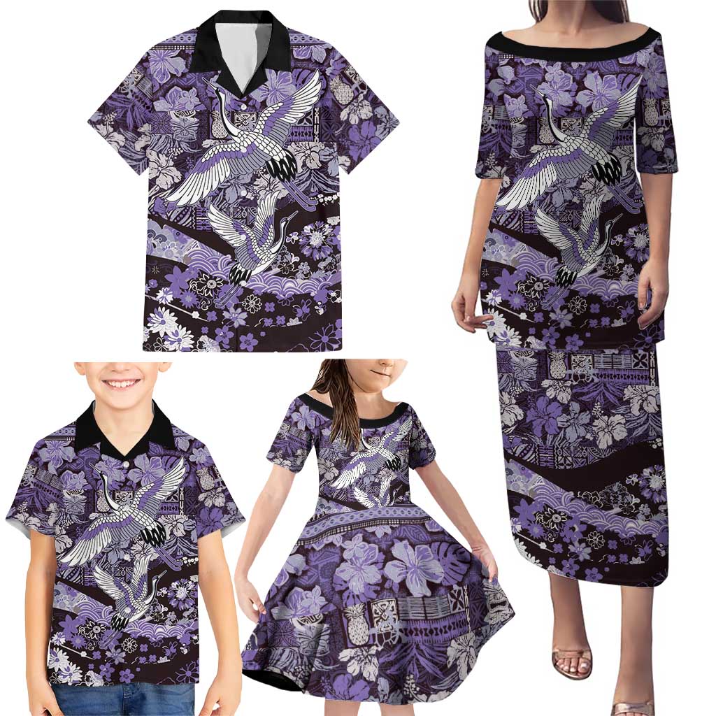 Japanese Hawaiian Crane Family Matching Puletasi and Hawaiian Shirt Purple Tapa Patchwork Pattern LT9 - Polynesian Pride