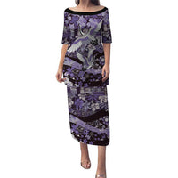 Japanese Hawaiian Crane Family Matching Puletasi and Hawaiian Shirt Purple Tapa Patchwork Pattern LT9 Mom's Dress Purple - Polynesian Pride