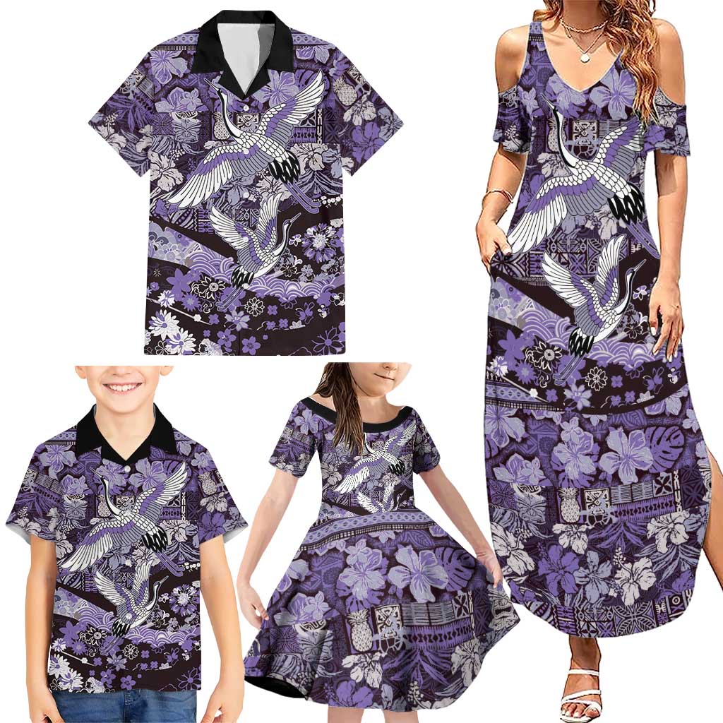 Japanese Hawaiian Crane Family Matching Summer Maxi Dress and Hawaiian Shirt Purple Tapa Patchwork Pattern LT9 - Polynesian Pride