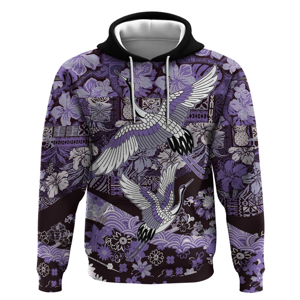 Japanese Hawaiian Crane Hoodie Purple Tapa Patchwork Pattern LT9 Pullover Hoodie Purple - Polynesian Pride