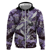 Japanese Hawaiian Crane Hoodie Purple Tapa Patchwork Pattern LT9 Zip Hoodie Purple - Polynesian Pride
