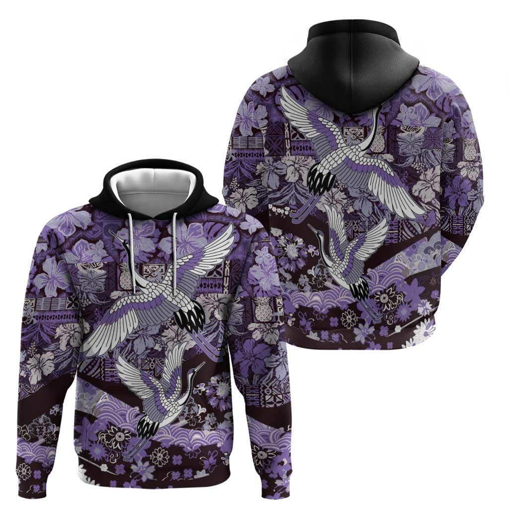 Japanese Hawaiian Crane Hoodie Purple Tapa Patchwork Pattern LT9 - Polynesian Pride