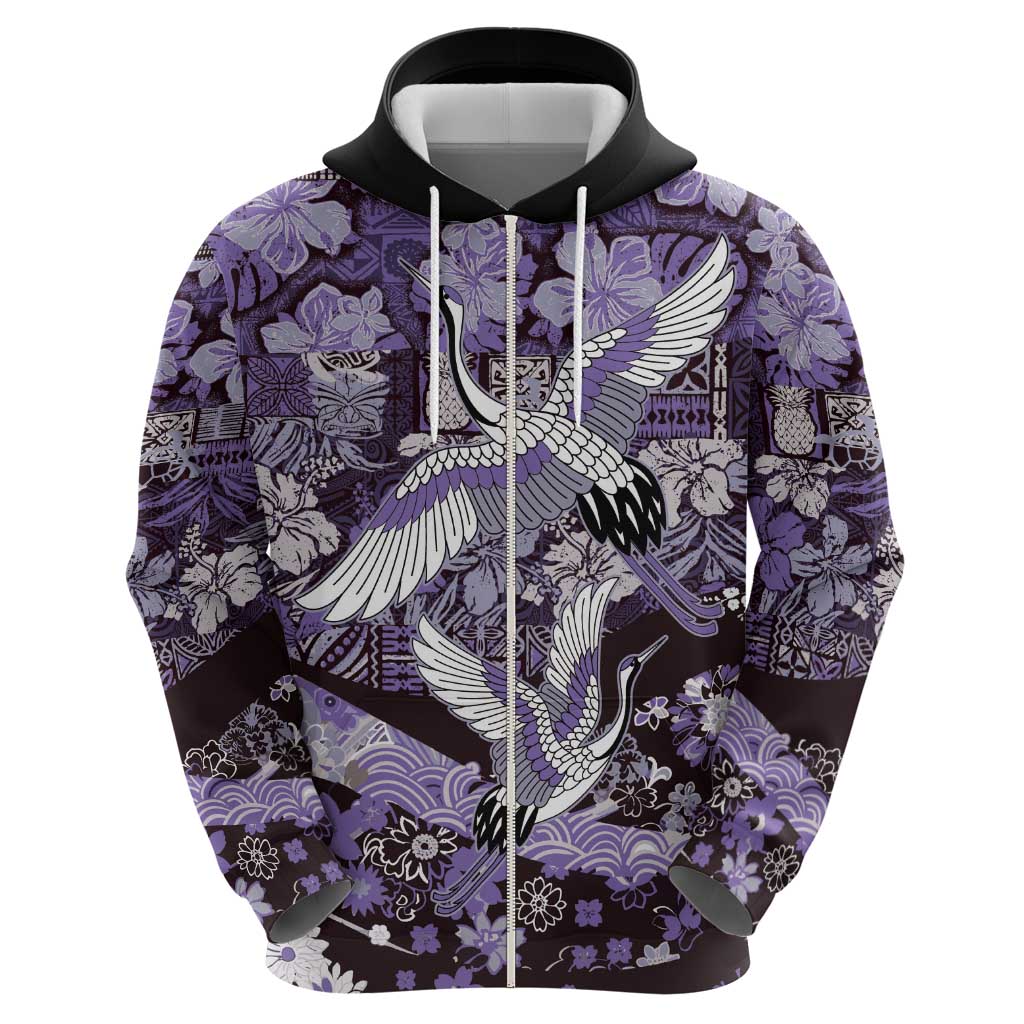 Japanese Hawaiian Crane Hoodie Purple Tapa Patchwork Pattern LT9 - Polynesian Pride