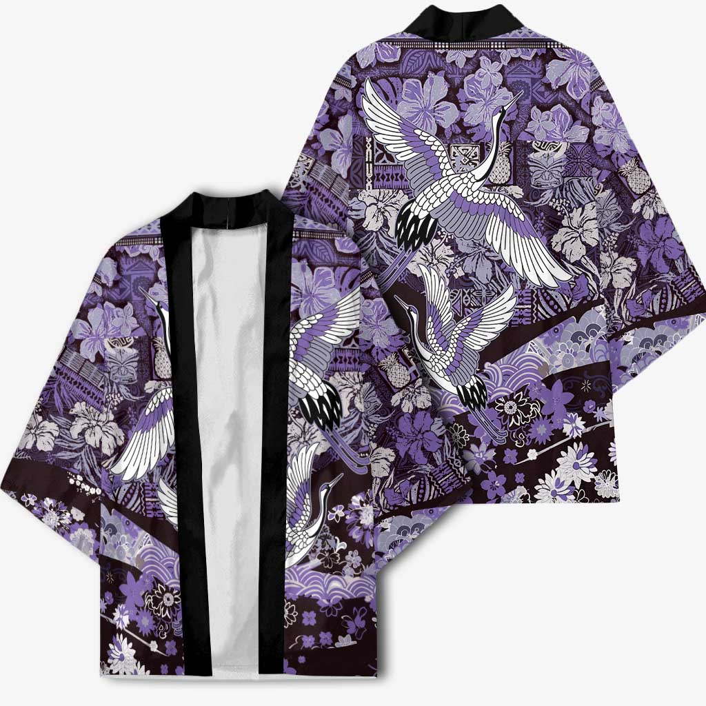 Japanese Hawaiian Crane Kimono Purple Tapa Patchwork Pattern LT9 - Polynesian Pride
