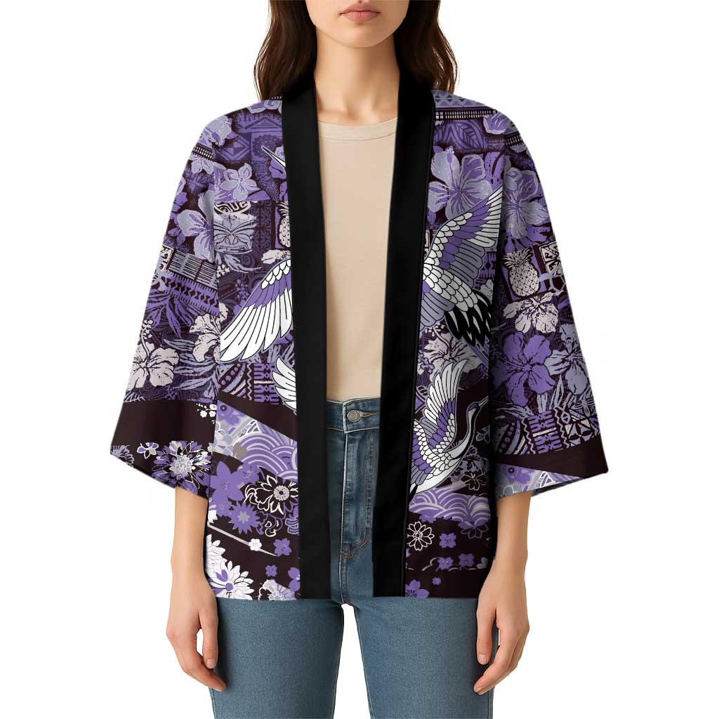 Japanese Hawaiian Crane Kimono Purple Tapa Patchwork Pattern LT9 - Polynesian Pride