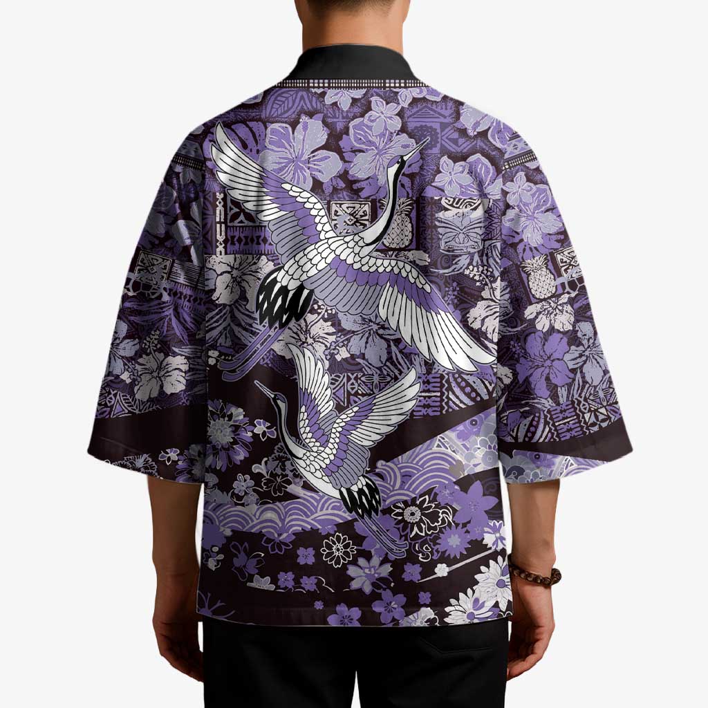 Japanese Hawaiian Crane Kimono Purple Tapa Patchwork Pattern LT9 - Polynesian Pride