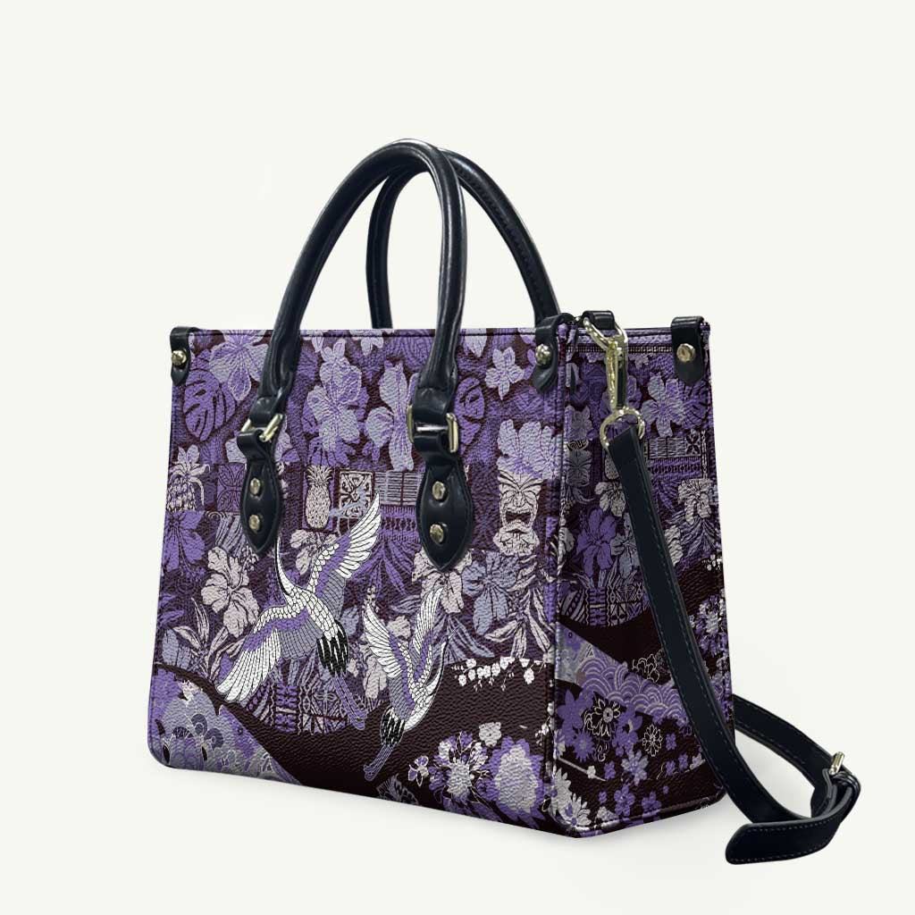 Japanese Hawaiian Crane Leather Bag Purple Tapa Patchwork Pattern