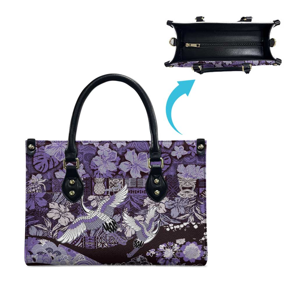 Japanese Hawaiian Crane Leather Bag Purple Tapa Patchwork Pattern